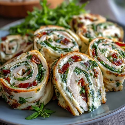 Turkey, Cheese & Spinach Tortilla Pinwheels with creamy cheese spread and fresh spinach, sliced into colorful spirals for easy party appetizers.