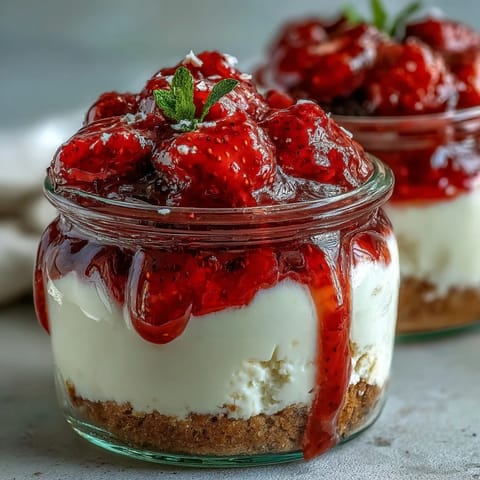 No-Bake Strawberry Cheesecake Jars with fresh strawberry compote and creamy vanilla filling in glass jars.
