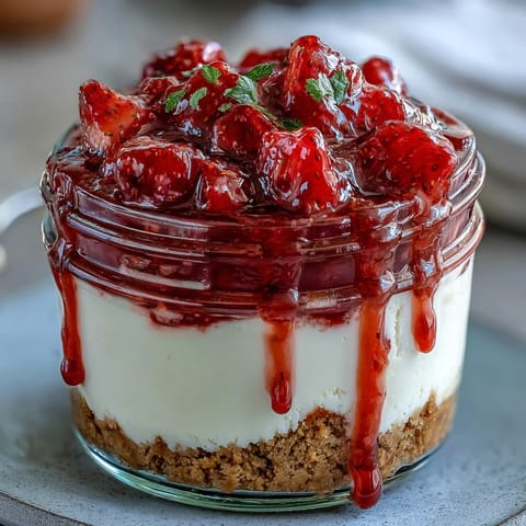 Indulgent no-bake strawberry cheesecake jars featuring layers of graham cracker crust, smooth cheesecake, and vibrant strawberry topping.