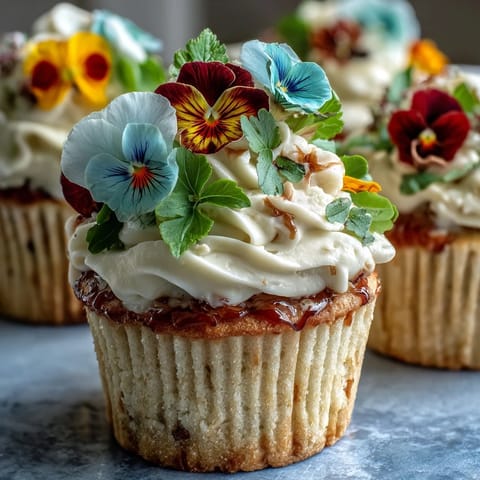 Delicate vanilla cupcakes topped with light buttercream and vibrant edible spring flowers, perfect for a garden party dessert.