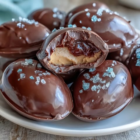 Dark chocolate peanut butter Easter eggs with sea salt, smooth and glossy, perfect for a festive dessert table.