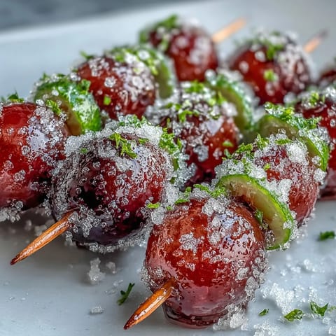 Frozen grape skewers with lime sugar, a refreshing summer snack on a white platter.