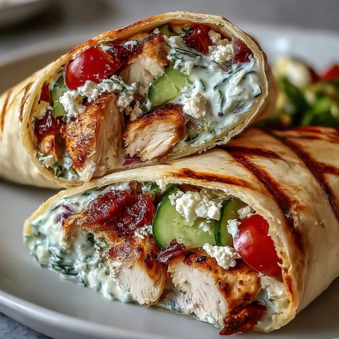 Tzatziki Chicken Wraps: Juicy chicken, creamy tzatziki, feta in soft flatbread.