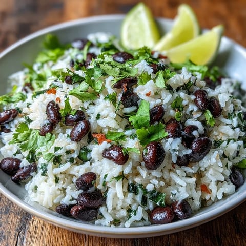 Fluffy coconut lime rice with black beans and cilantro, ready to serve.
