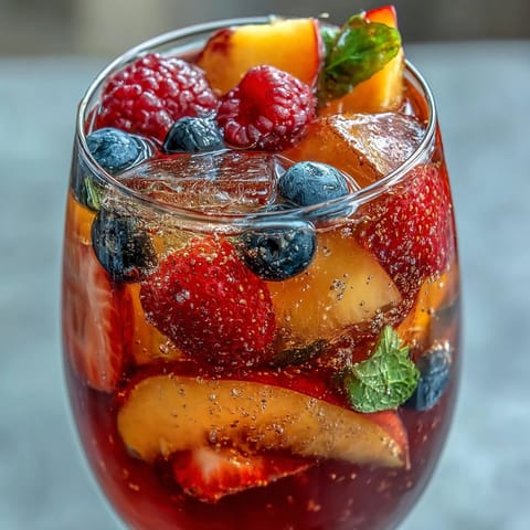 Bright summer sangria mocktail with colorful berries and juicy peach slices.