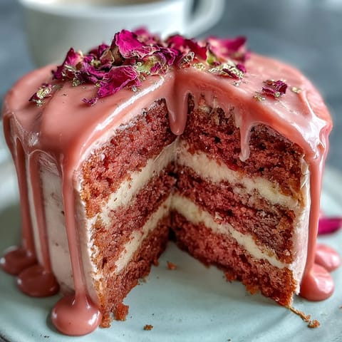 Elegant rosé velvet cake with shimmering gold drip, perfect for celebrations.