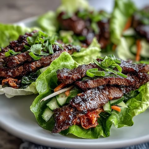 Tender Korean BBQ beef in crisp lettuce wraps, topped with vibrant kimchi, ready to enjoy.