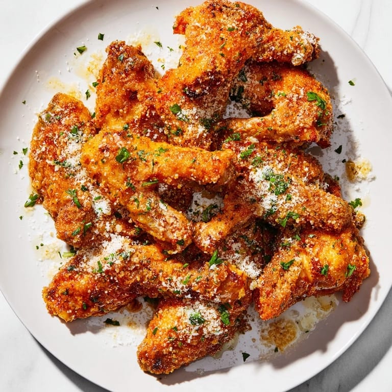 Melted garlic butter coats these Garlic Parmesan Wings, topped with fresh parsley and Parmesan for serving.