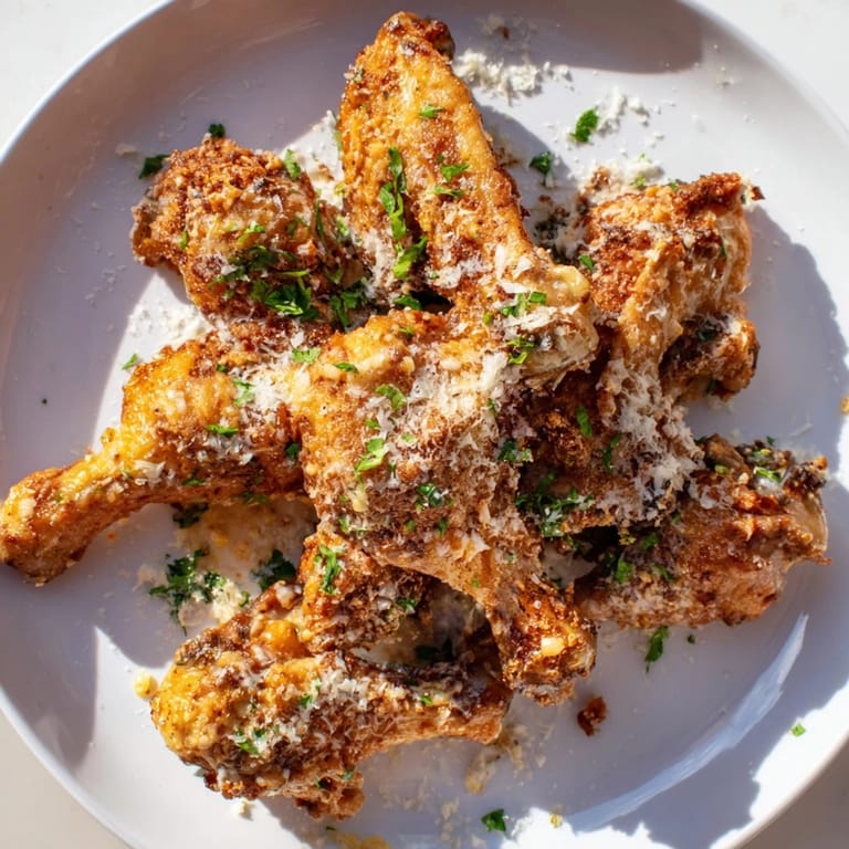 See the savory texture of these delicious Garlic Parmesan Wings, perfect for game day or a tasty appetizer.