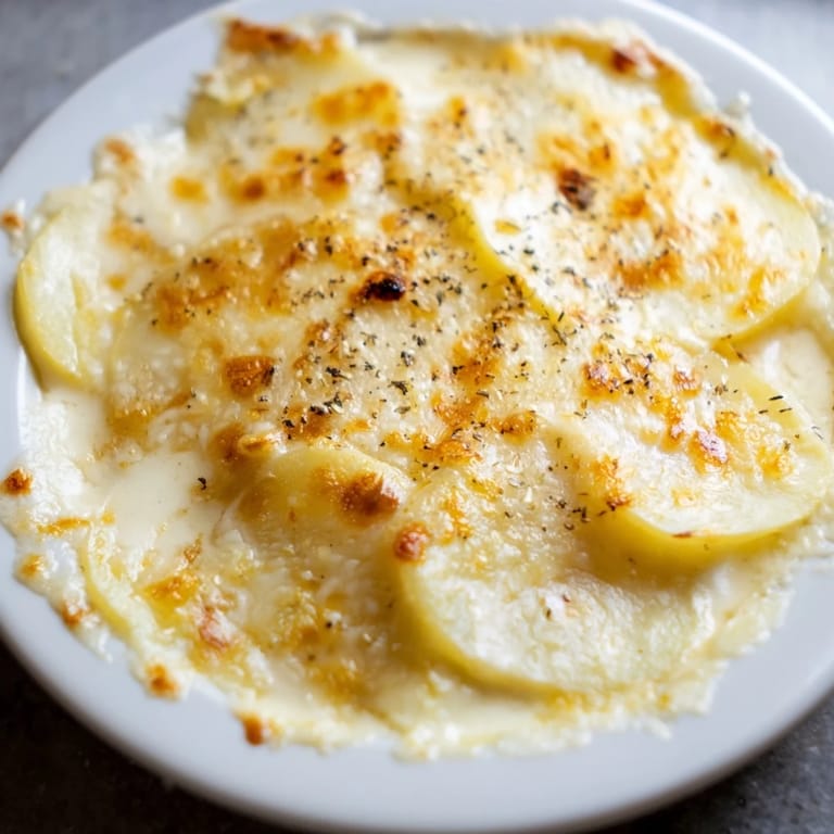 A close-up of creamy, cheesy Au Gratin Potatoes, perfect for a cozy, comforting side dish.