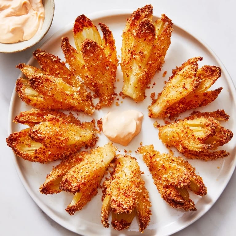 Close-up of freshly fried onion petals, showing a perfectly crunchy exterior, with dipping sauce ready.