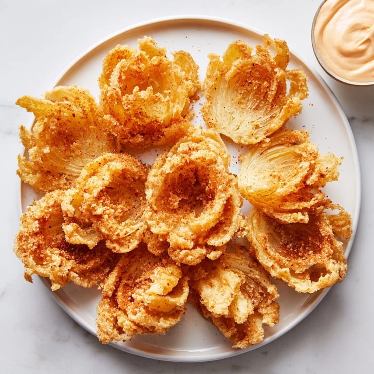 A delicious shareable appetizer: hot, flavorful onion petals with a creamy, zesty dipping sauce.