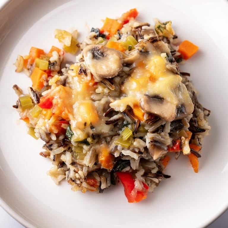 Savory wild rice casserole, a comforting side dish with colorful vegetables, perfect for a cozy dinner.
