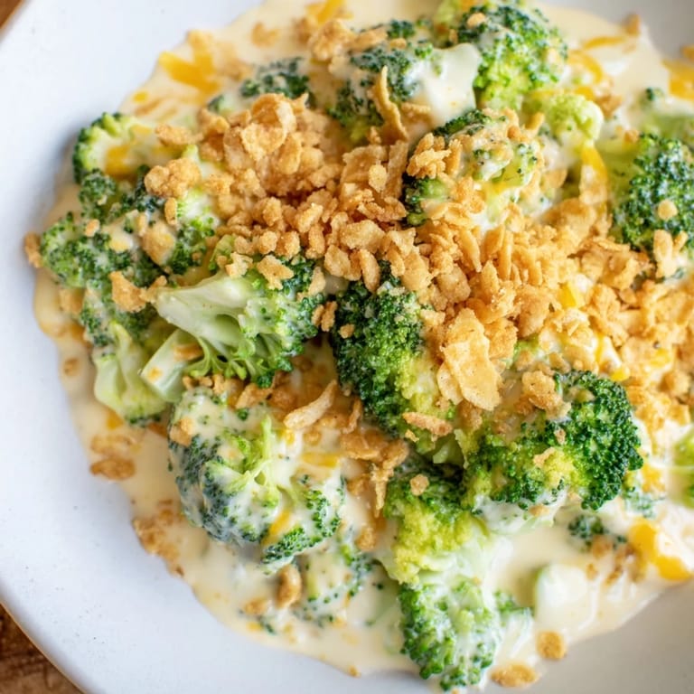 A close-up of creamy Broccoli Casserole, showcasing the tender broccoli and melted cheddar cheese.