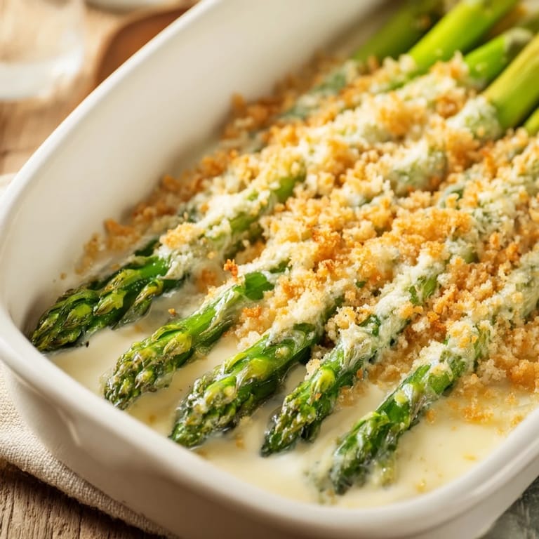 Steaming hot asparagus casserole, a creamy baked side dish, perfect for a cozy family dinner.