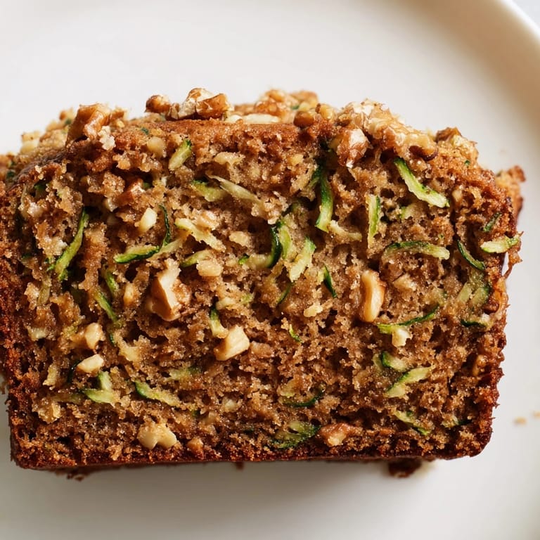 A slice of warm zucchini bread, topped with walnuts, perfect for a cozy afternoon snack.