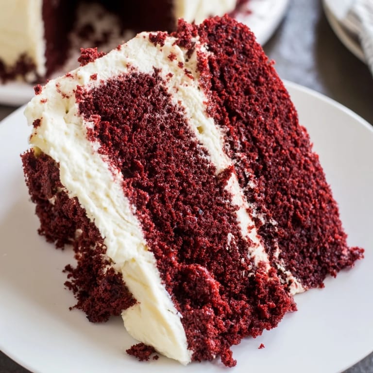 Close-up of a frosted Red Velvet Cake, showcasing its vibrant red color and rich texture.