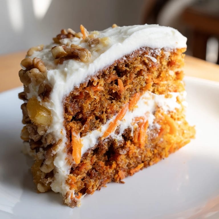 Freshly baked carrot cake, a classic American dessert, with a generous swirl of cream cheese frosting.