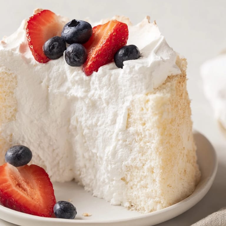 A close-up shot of homemade angel food cake, light and airy, ready to be enjoyed as a sweet treat.