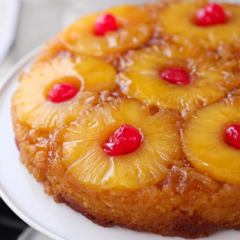 Warm, moist Pineapple Upside-Down Cake featuring a beautiful pattern of pineapple and cherries, perfect for dessert.