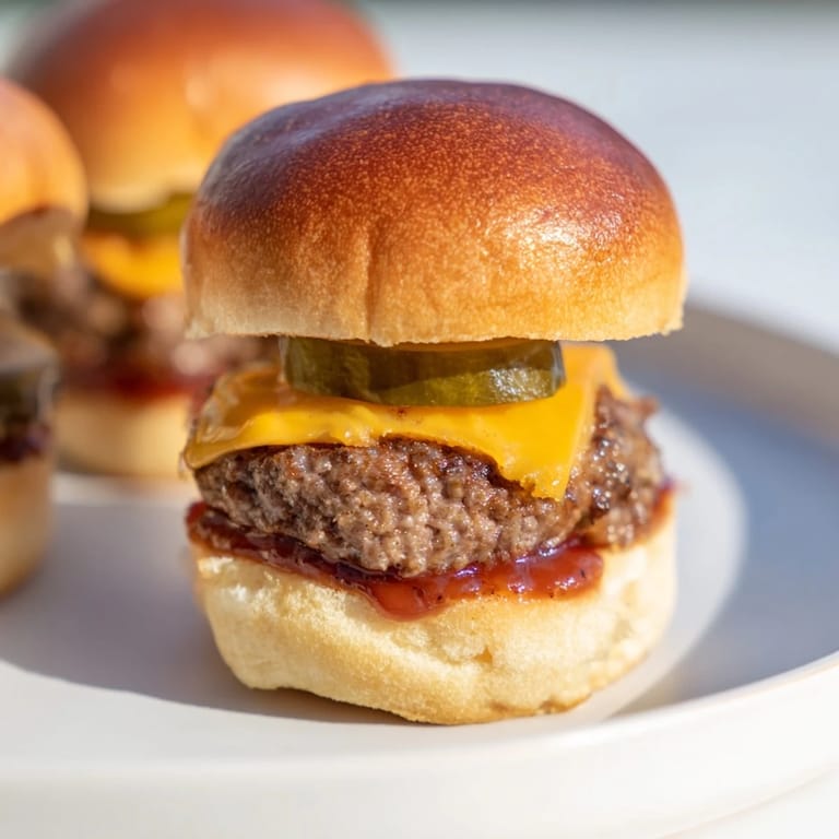 Warm, buttery slider buns holding delicious mini hamburgers, ready for a backyard barbecue.
