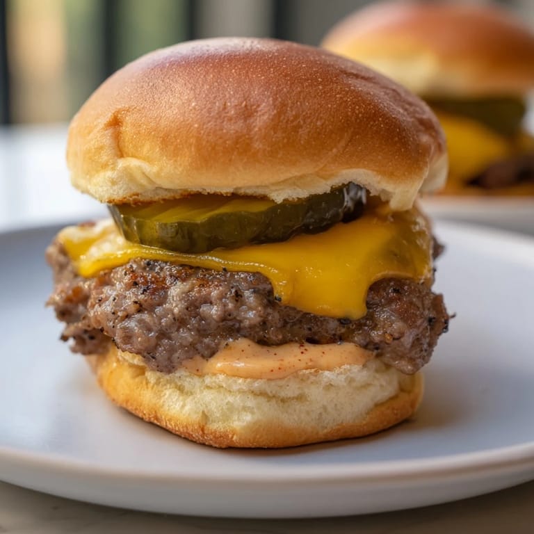 Mouthwatering close-up of sliders showcasing perfectly cooked mini hamburger patties and special sauce.