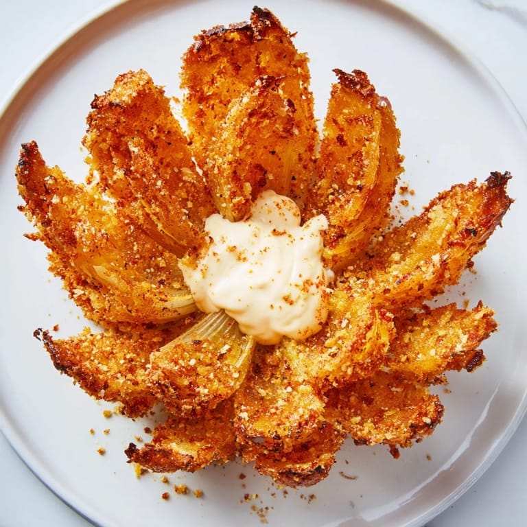 Aromatic and crunchy Blooming Onion, a classic appetizer, with perfectly separated, fried onion petals.