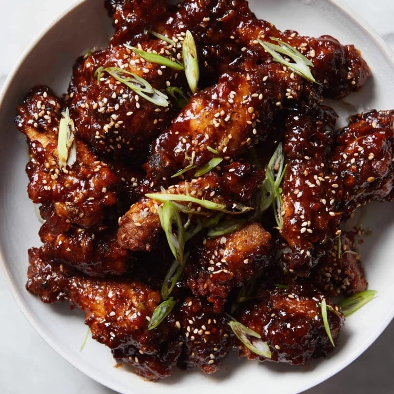 Perfectly caramelized Asian Sticky Wings, a delicious appetizer option, garnished with sesame seeds and green onions.