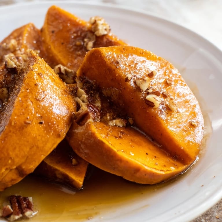 Warm, spiced candied yams with optional pecans, perfect for Thanksgiving or Christmas dinner.