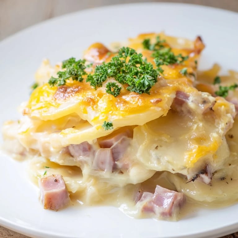 Warm and inviting Scalloped Potatoes with Ham, ready to serve for a hearty family meal.