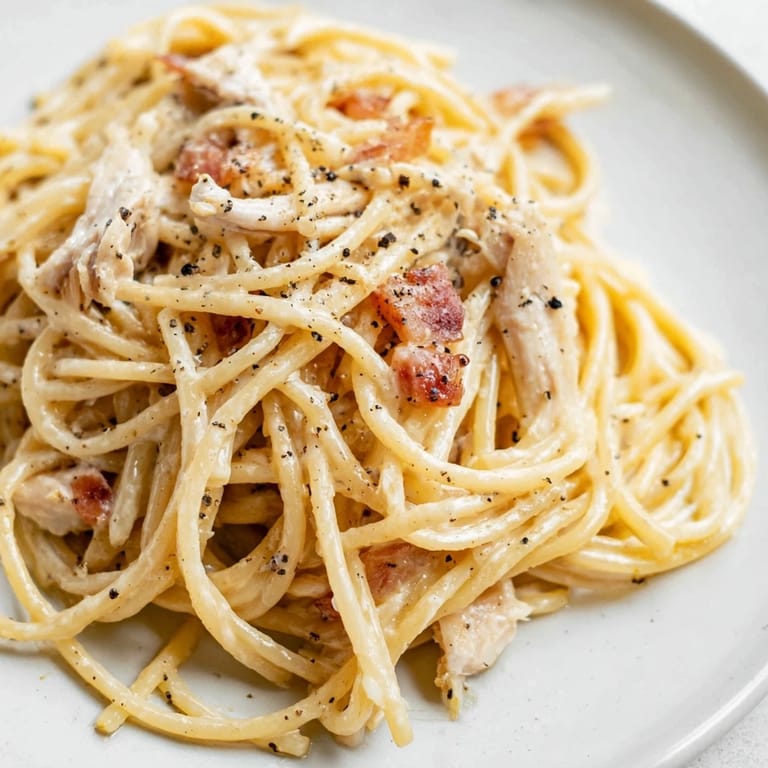 Hearty Italian-inspired chicken carbonara recipe with spaghetti, crispy bacon bits, and a creamy egg sauce.