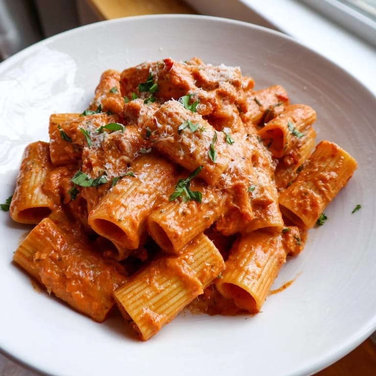 Golden rigatoni pasta tosses in a rich, mildly spicy tomato cream sauce, steam rising from the skillet in a classic Italian-American vegetarian main dish.  