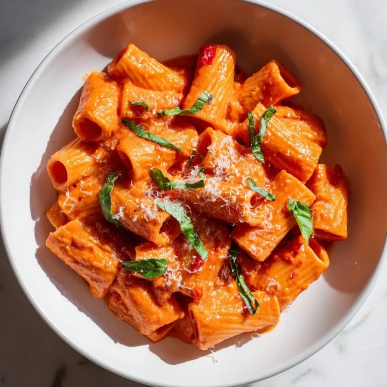 Serve Spicy Rigatoni Pasta on a white plate, topped with extra grated Parmesan and chopped basil, perfect for a comforting weeknight dinner.
