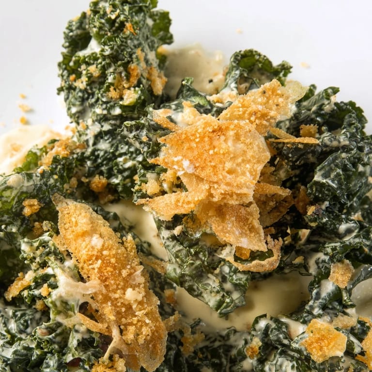 Garlic Parmesan Kale Salad plated with a fork, featuring creamy dressing-coated kale, toasted breadcrumbs, and a sprinkle of black pepper for extra flavor.