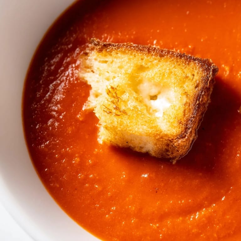 Homemade roasted tomato soup with bite-sized grilled cheese croutons, perfect for a comforting family dinner.