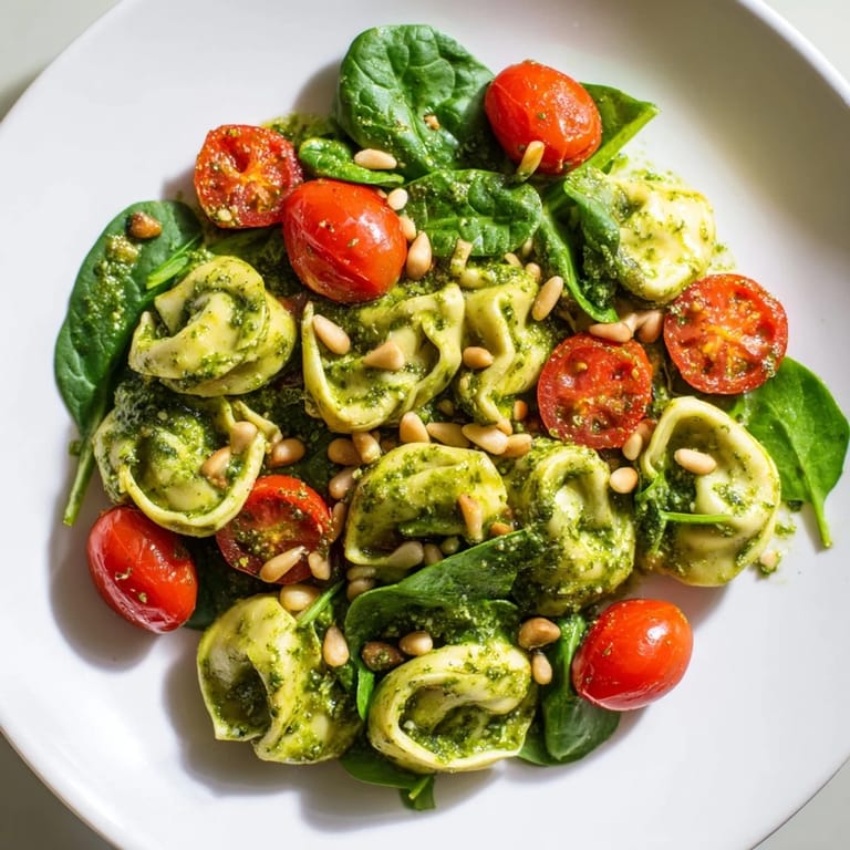 A close-up of Pesto Tortellini Salad, showcasing tender tortellini coated in vibrant green basil pesto.