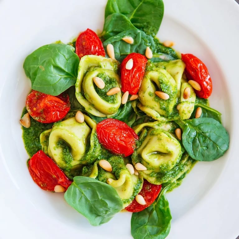 Fresh Pesto Tortellini Salad tossed with baby spinach and Parmesan, ready for a summer picnic.