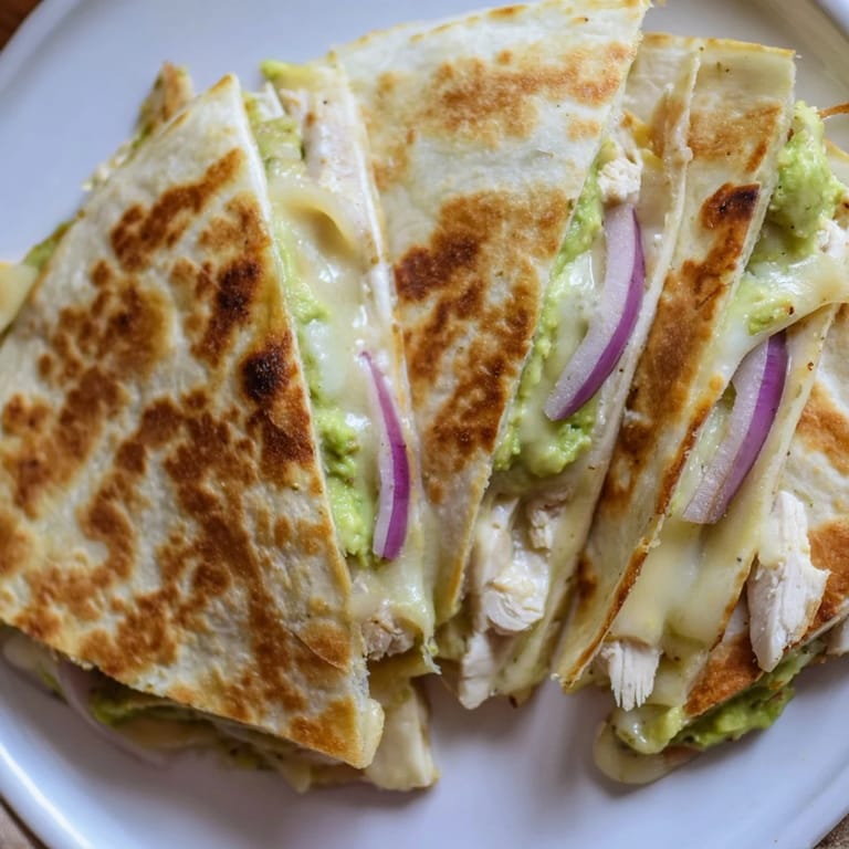 Perfectly grilled Chicken Avocado Quesadilla slices rest on a plate, with sour cream and salsa on the side for a delicious Mexican-American meal.
