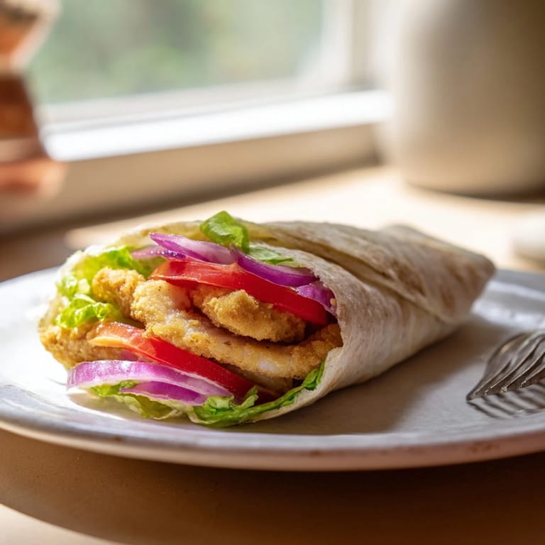 A freshly sliced honey mustard chicken wrap reveals juicy chicken, fresh lettuce, and creamy dressing on a plate.