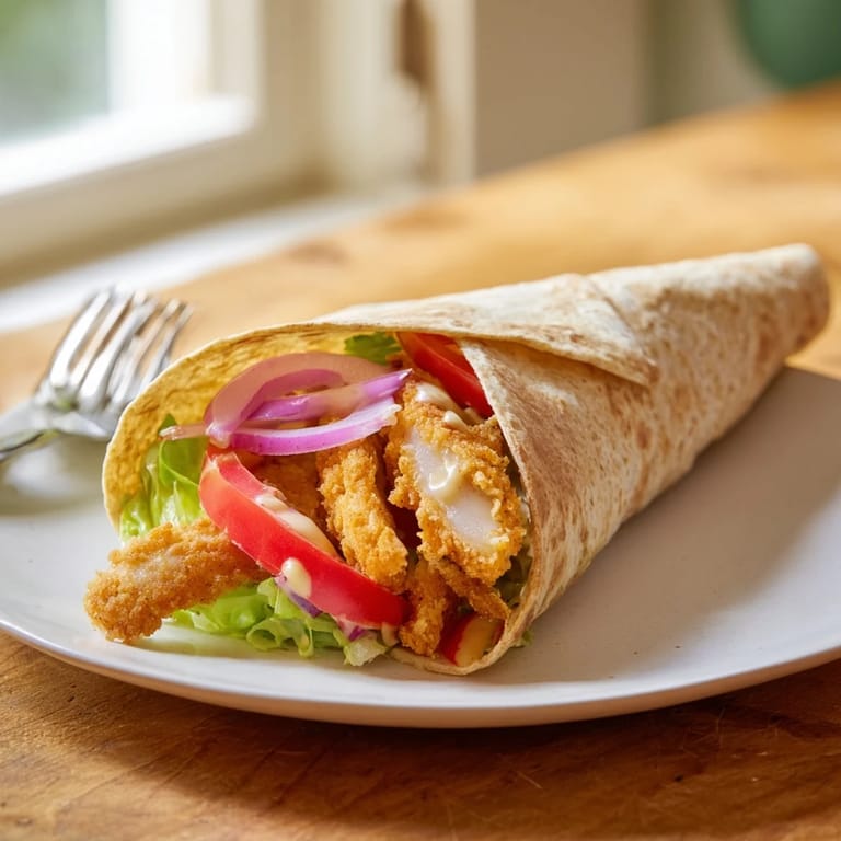 Homemade honey mustard chicken wrap cut in half, stacked and ready to serve for a quick and easy lunch.
