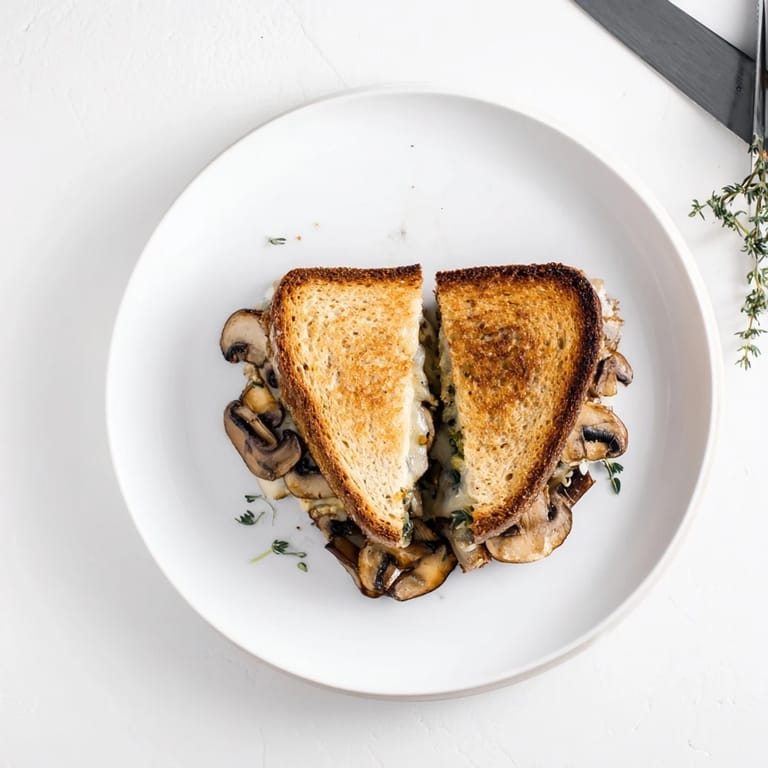Sliced diagonally to reveal layers of earthy mushrooms and Swiss cheese on buttery rye bread for a comforting lunch.