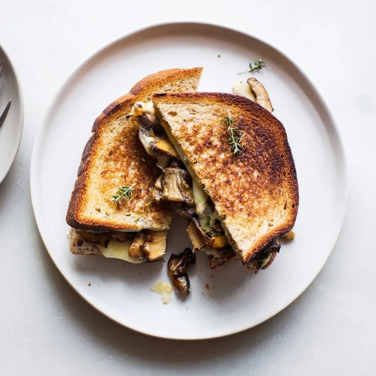 A close-up of a golden-grilled cheese sandwich stuffed with mushrooms, served beside a bowl of tomato soup for dipping.