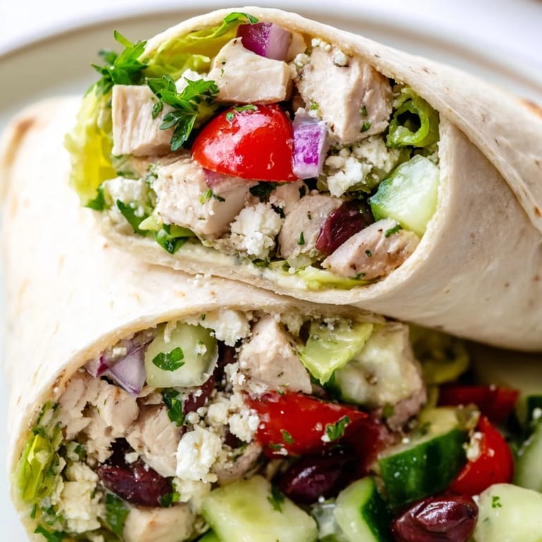 Greek Lemon Chicken Salad Wrap with vibrant tomatoes, olives, and parsley, ready for a quick Mediterranean-inspired lunch.