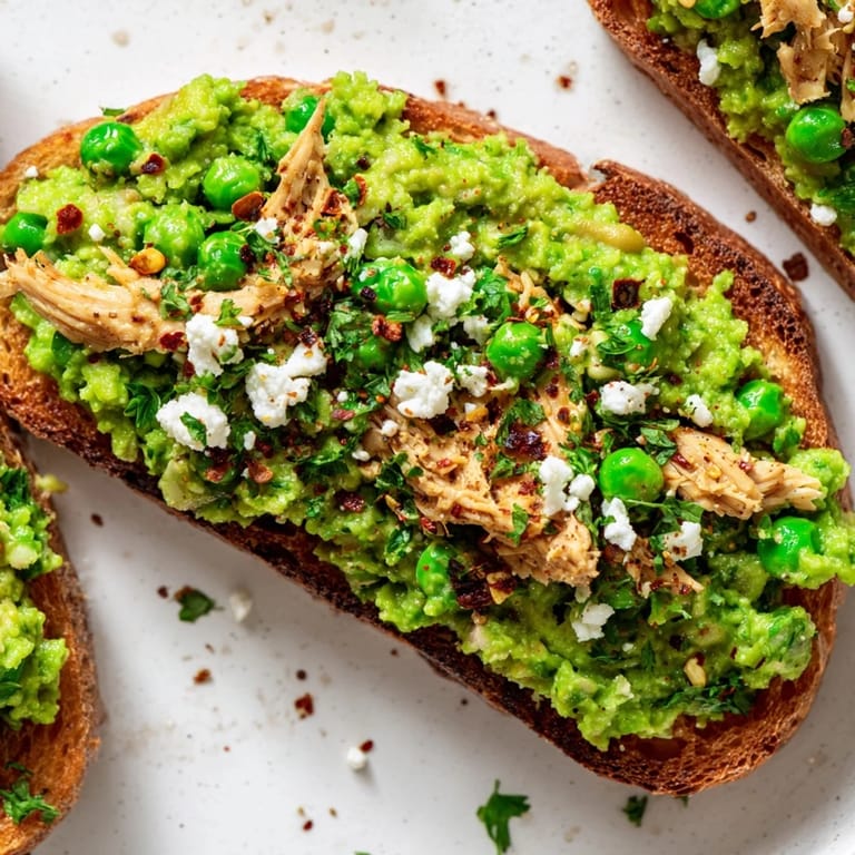 The open-faced Smashed Pea & Chicken Toast showcases a creamy, chunky pea spread piled high on toasted sourdough, garnished with crumbled feta and a squeeze of lemon.  