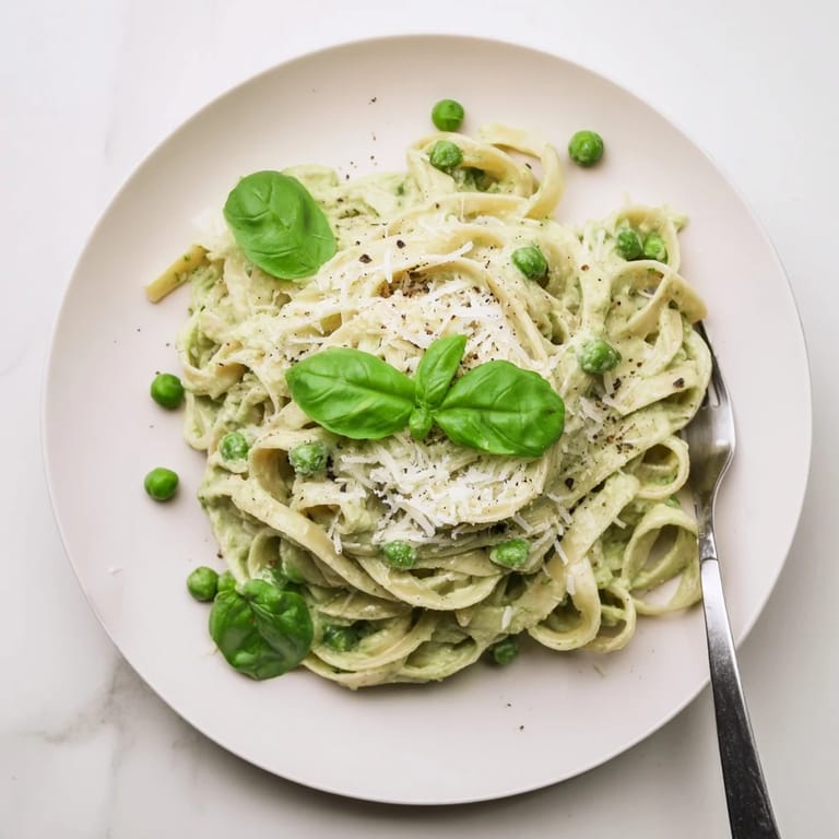 Close-up of a fork lifting green peas and fettuccine coated in a rich, creamy alfredo sauce, topped with fresh basil.
