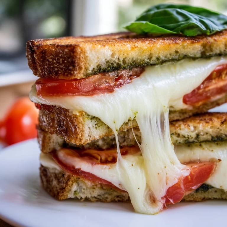 Two halves of a Caprese Pesto Grilled Cheese sandwich sit beside a small bowl of tomato basil soup for dipping.