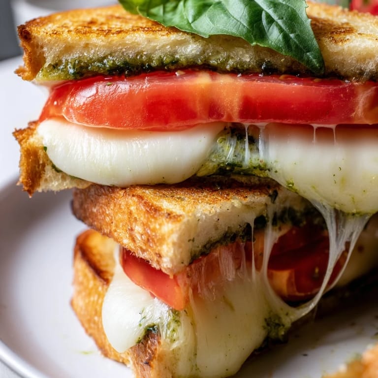 A close-up of Caprese Pesto Grilled Cheese reveals crispy sourdough bread oozing with basil pesto and fresh mozzarella.