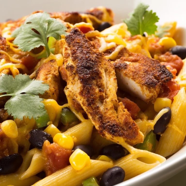 Spicy, steaming Crispy Chicken Burrito Pasta is served with a dollop of sour cream and fresh lime wedges.