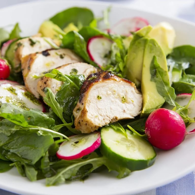 Top-down view of a Spring Detox Chicken Salad, showcasing juicy grilled chicken breast slices on fresh greens, cucumber, and radish.