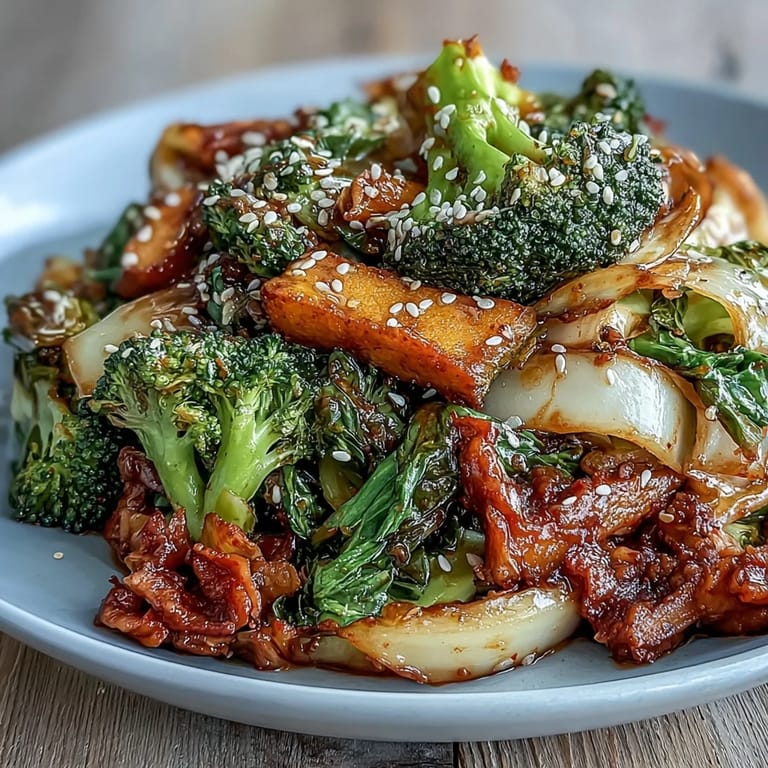 Steam rises from the hot pan as colorful winter vegetables and probiotic-rich kimchi are sautéed for a healthy, savory main dish.  